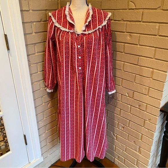 Vintage Other - Lanz of Salzburg Red Floral Heart Print Flannel Nightgown Long Medium M Womens